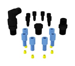 Foxx Life Sciences&nbsp;EZwaste HPLC Solvent Waste System, Replacement Fittings, Six (6x) Blue Nut and Yellow Ferrule for 1/8 Inch OD, Six (6x) Black Plug for 1/8 Inch OD Port, Elbow and Straight Fittings for Carbon Filter, Black Plug for Carbon Filter Port, 1/PK