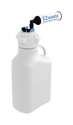 Foxx Life Sciences EZwaste HPLC Solvent Waste System, 5L Heavy Duty Reusable Carboy, 83mm (83B) VersaCap with Four (4x) Ports for 1/8 Inch O.D. Tubing; Three (3x) Ports for 1/4 Inch O.D. Tubing