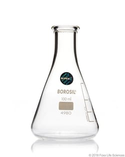 Foxx Life Sciences Borosil® Narrow Mouth Erlenmeyer Conical Flasks with Interchangeable Glass Stopper 24/29, 100mL, 20/CS