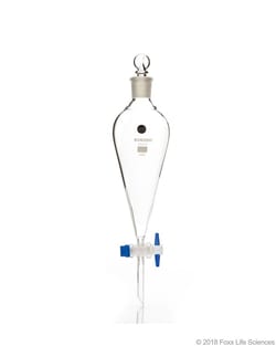 Foxx Life Sciences&nbsp;Borosil&reg; Pear-Shaped Glass Sepratery Funnel with Boroflo Stopcock PTFE key, Interchangeable Glass Stopper (24/29), 250 mL, 10/CS