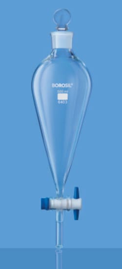 Foxx Life Sciences Borosil Glass Separatory Funnels Pear Shape with stem PTFE Stopcock I/C Glass stopper, USP Type I Borosilicate 3.3, ISO 4800 CS/10, 125 mL
