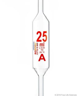 Foxx Life Sciences Borosil® Reusable Class A Volumetric Transfer Pipettes (Pipets), Individual Certificate, 25 mL, 10/CS