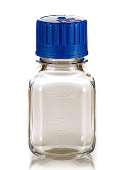Triforest Enterprises&nbsp;125ML sterile PETG square media bottle with standard cap and heat-shrink band around closure and neck for tamper-evident seal