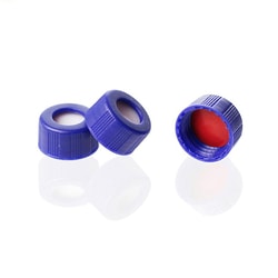 WELCH MATERIALS INC&nbsp;DoprahTM 9-425 Blue Open Top Ribbed Screw Cap with 9 mm Red PTFE/White Silicone Septa 1.0mm Thick. 100pcs/pk, 10pk/cs