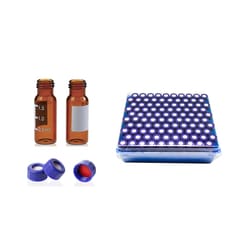 WELCH MATERIALS INC DoprahTM 2mL Amber Glass 12x32mm Flat Base 9-425 Screw Thread Vial with Label. Blue 9-425 Open Top Ribbed Screw Cap with 9mm Red PTFE/White Silicone Septa 1mm Thick (UltraClean). Blue Kit Packing.100pcs/pk