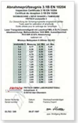 Fritsch Milling And Sizing Inc Inspection Certificate 3.1B En 10204 Analysette
