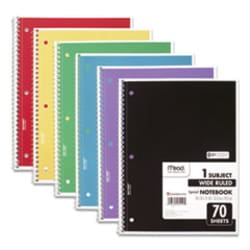 Enterprise Technology Solutions&nbsp;Spiral Notebook, 3-Hole Punched, 1-Subject, Wide/Legal Rule, Randomly Assorted Cover Color, (70) 10.5 x 7.5 Sheets